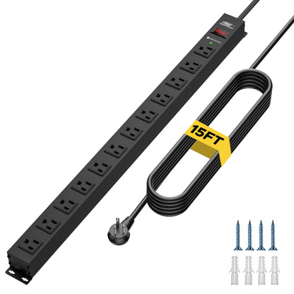 CRST 12 Outlets Wide Spaced Mountable Metal Long Power Strip Surge Protector, Flat Plug Power Cord, 36 Months Warranty - Mann