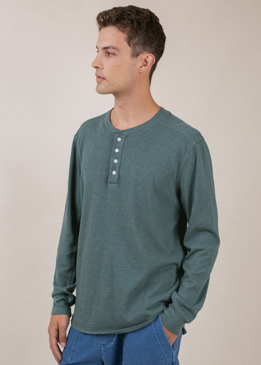 Man wearing pine green long sleeve henley shirt, MEN'S fashion from MANN
