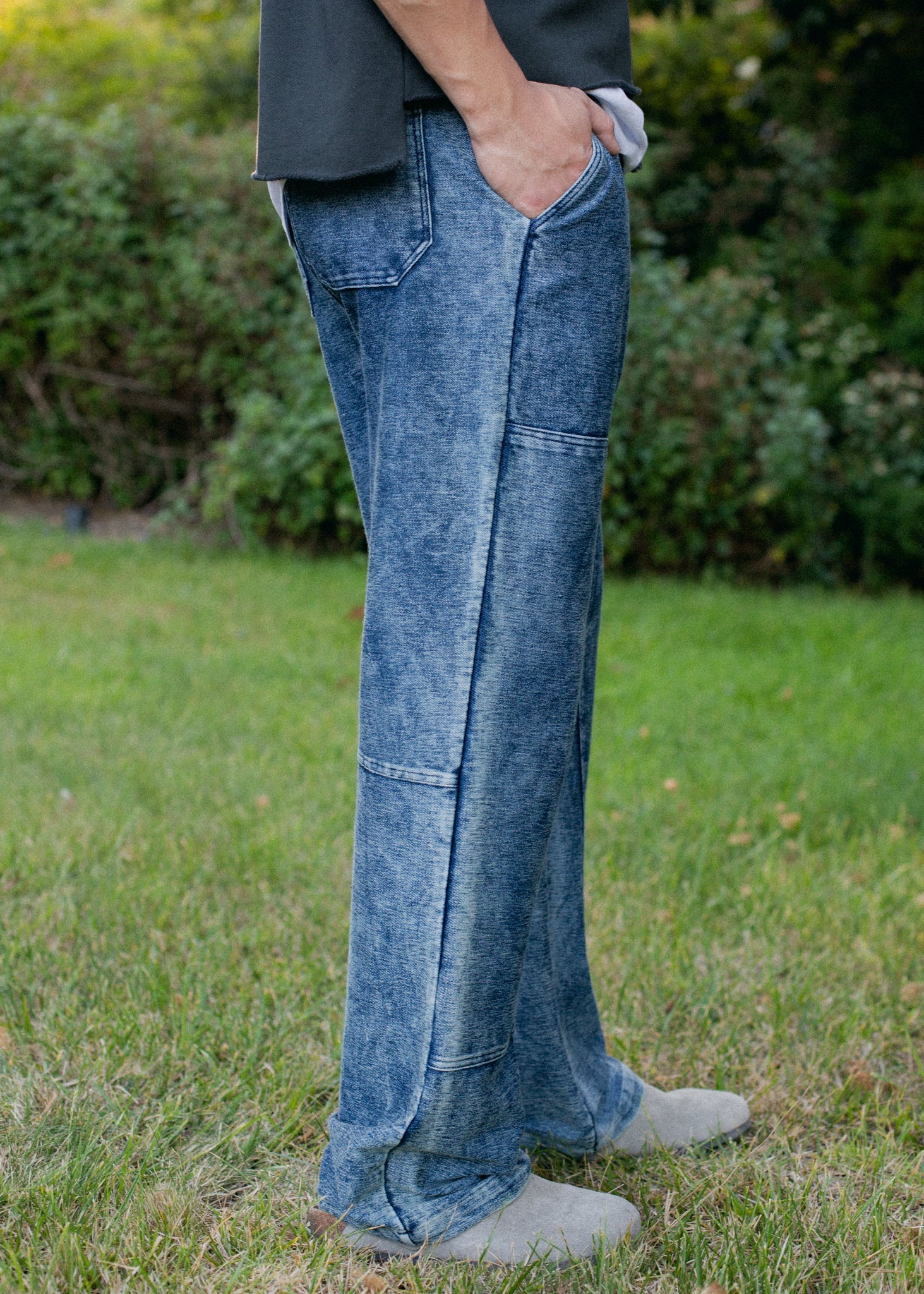 Men's indigo patchwork denim trousers with relaxed fit, outdoor fashion from MANN