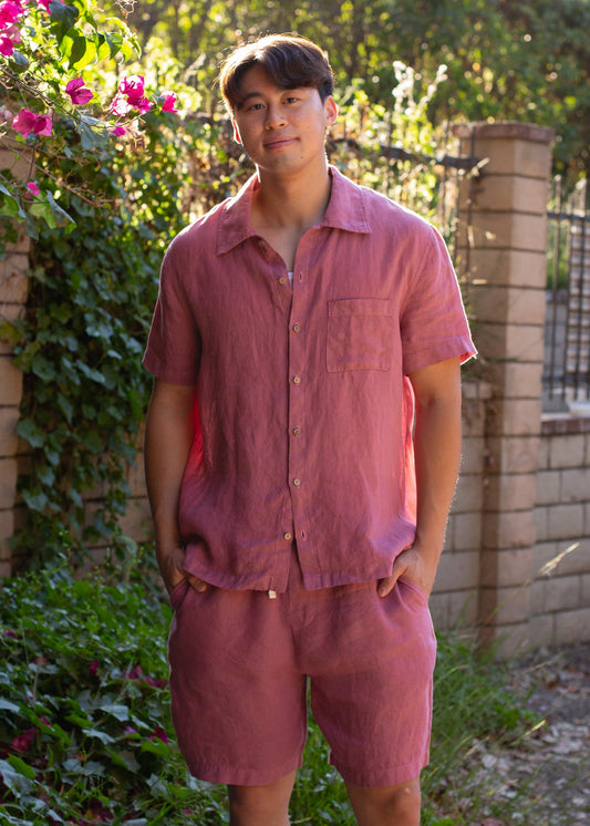 Man wearing wild ginger linen short set standing outdoors, men's summer fashion on MANN marketplace