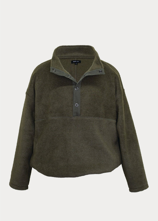 Men's olive green polar fleece pullover with snap collar, stylish warm outerwear for Mann