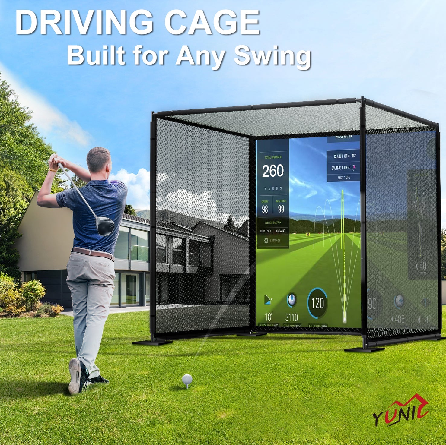 Yunic Golf Driving Cage with Metal Frame and Simulator Impact Screen - Mann