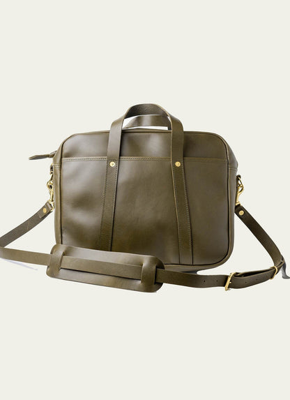 Olive leather briefcase for men with shoulder strap and gold hardware, displayed on plain background