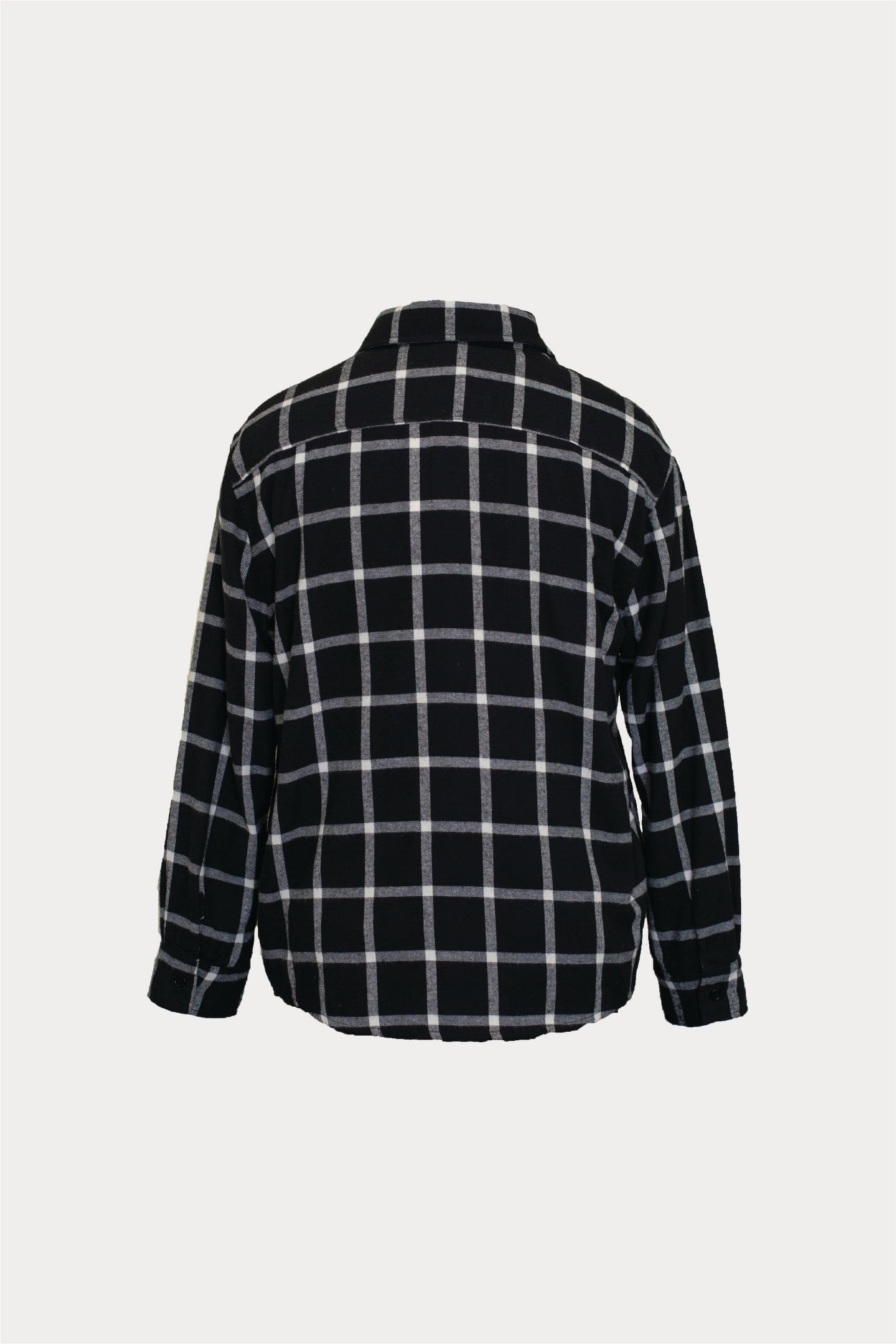 Men's black and white plaid relaxed button-down shirt, back view, on plain background