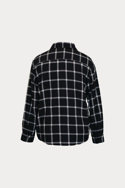 Men's black and white plaid relaxed button-down shirt, back view, on plain background