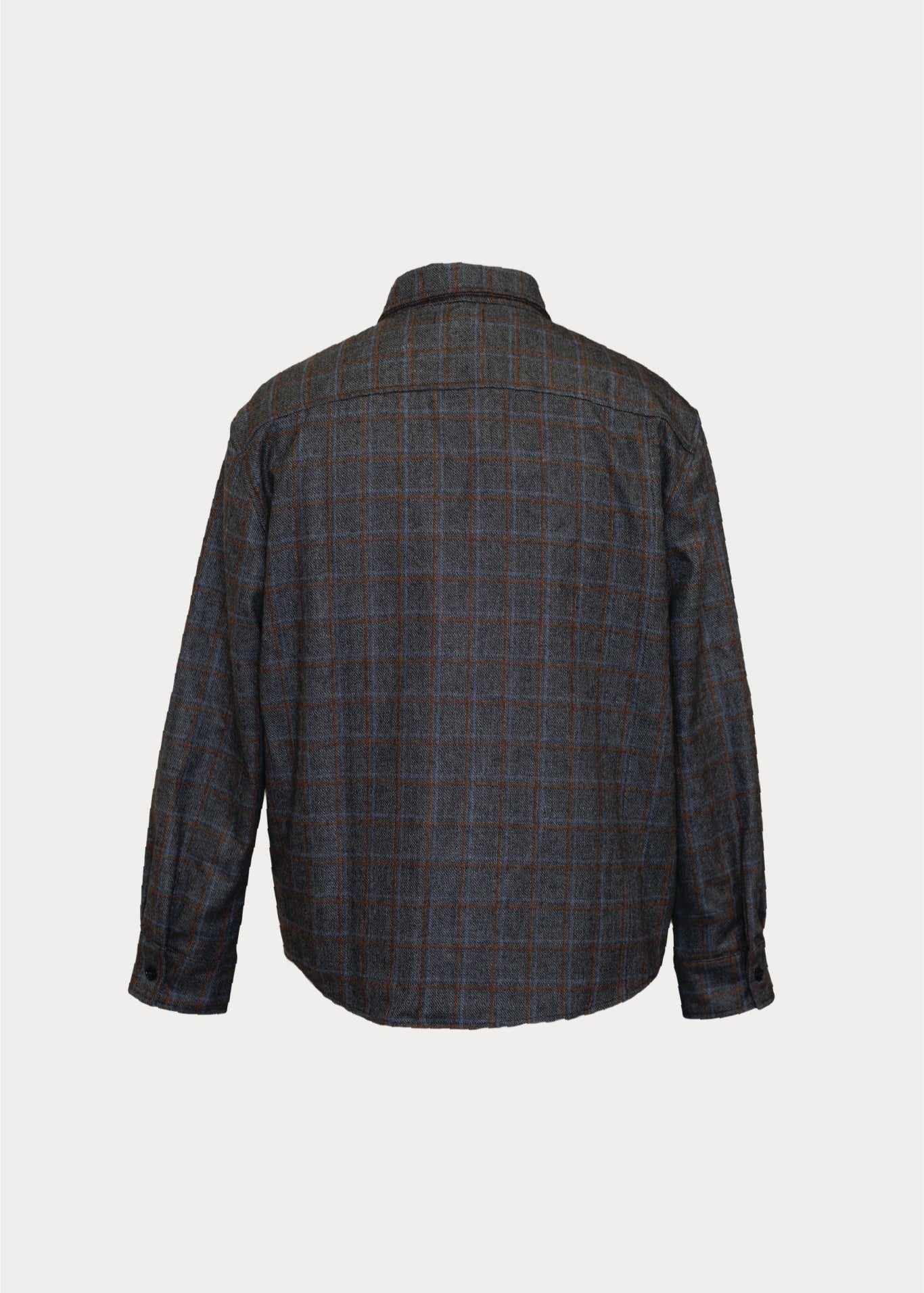 Men's relaxed grey plaid button-down shirt, back view, long sleeves, MANN fashion