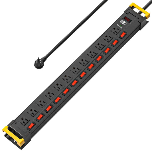 CRST Mountable 12 Outlets Individual Switches Metal Power Strip Surge Protector with Cord Holder, 9FT Flat Plug Power Cord, 1020J Protection 36 Months Warranty - Mann