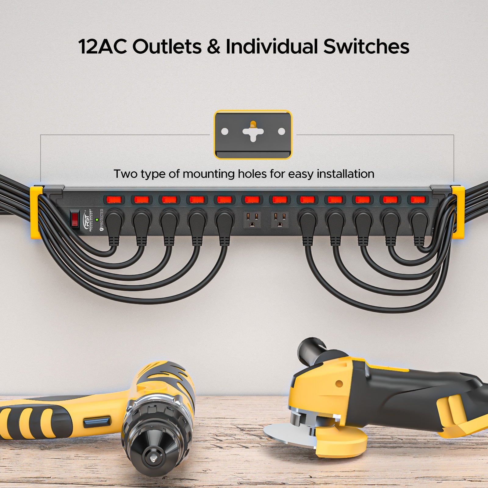 CRST Mountable 12 Outlets Individual Switches Metal Power Strip Surge Protector with Cord Holder, 9FT Flat Plug Power Cord, 1020J Protection 36 Months Warranty - Mann