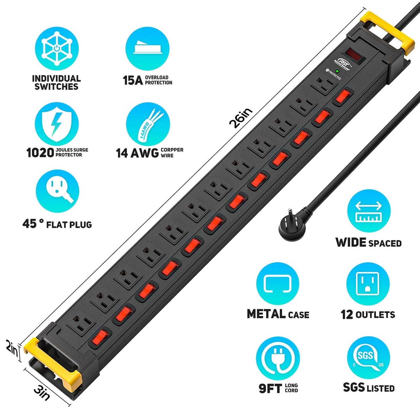 CRST Mountable 12 Outlets Individual Switches Metal Power Strip Surge Protector with Cord Holder, 9FT Flat Plug Power Cord, 1020J Protection 36 Months Warranty - Mann