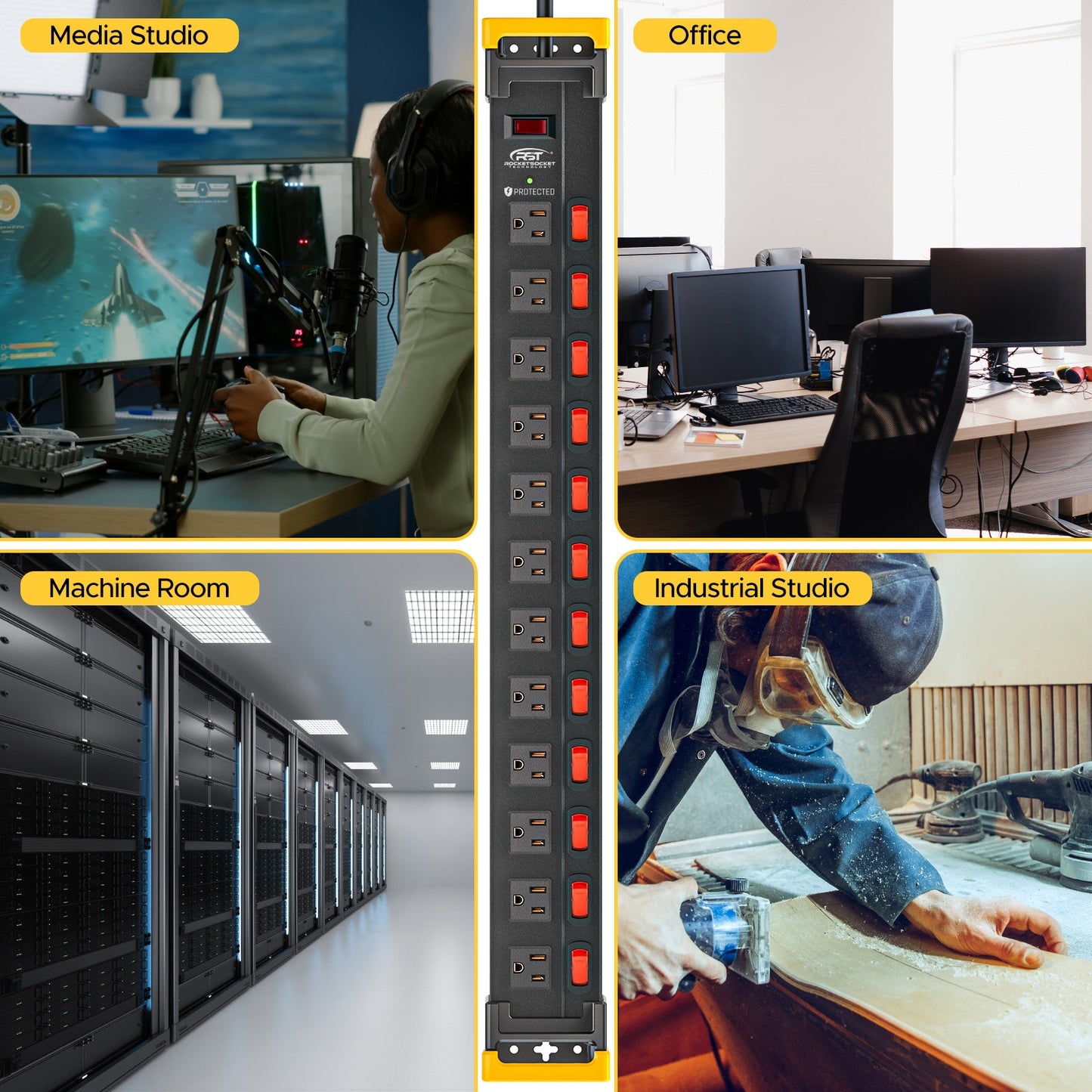 CRST Mountable 12 Outlets Individual Switches Metal Power Strip Surge Protector with Cord Holder, 9FT Flat Plug Power Cord, 1020J Protection 36 Months Warranty - Mann