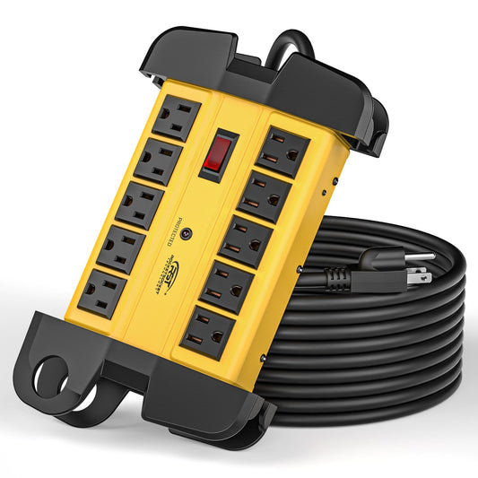 CRST 10-Outlet Heavy Duty Metal Surge Protector Power Strip with Cord Wrap Holder - 2800 Joules Protection, Long Extension Cord, Mountable, ETL Listed - Mann
