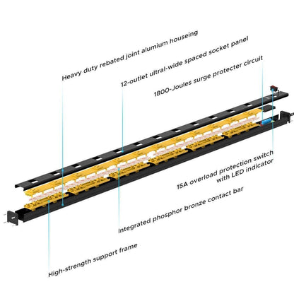 CRST 4.2" Wide Spaced 12 Outlets Mountable Metal Power Strip Surge Protector, 15FT Power Cord, Mounting Brackets Included - Mann