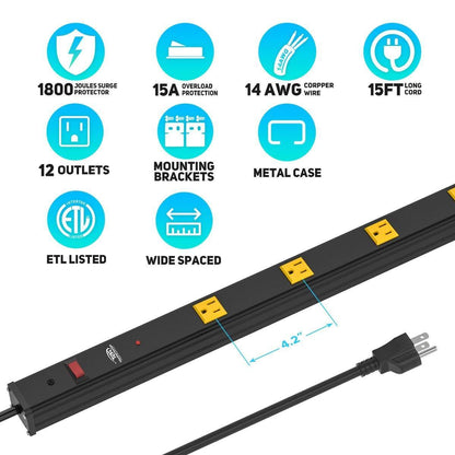 CRST 4.2" Wide Spaced 12 Outlets Mountable Metal Power Strip Surge Protector, 15FT Power Cord, Mounting Brackets Included - Mann