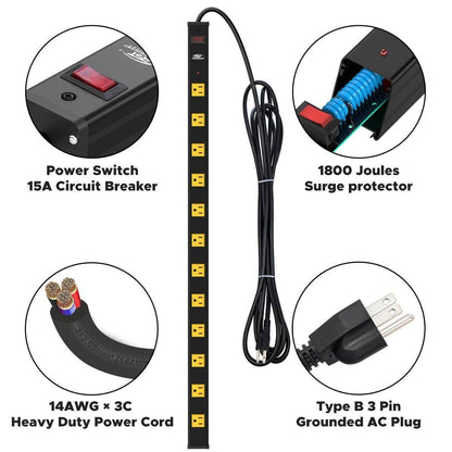 CRST Wideoutlets 2.6" Wide Spaced 12 Outlets Mountable Metal Power Strip Surge Protector with 1800 Joule Protection & EMI Filter Heavy Duty Construction 15A Circuit Breaker Included - Mann