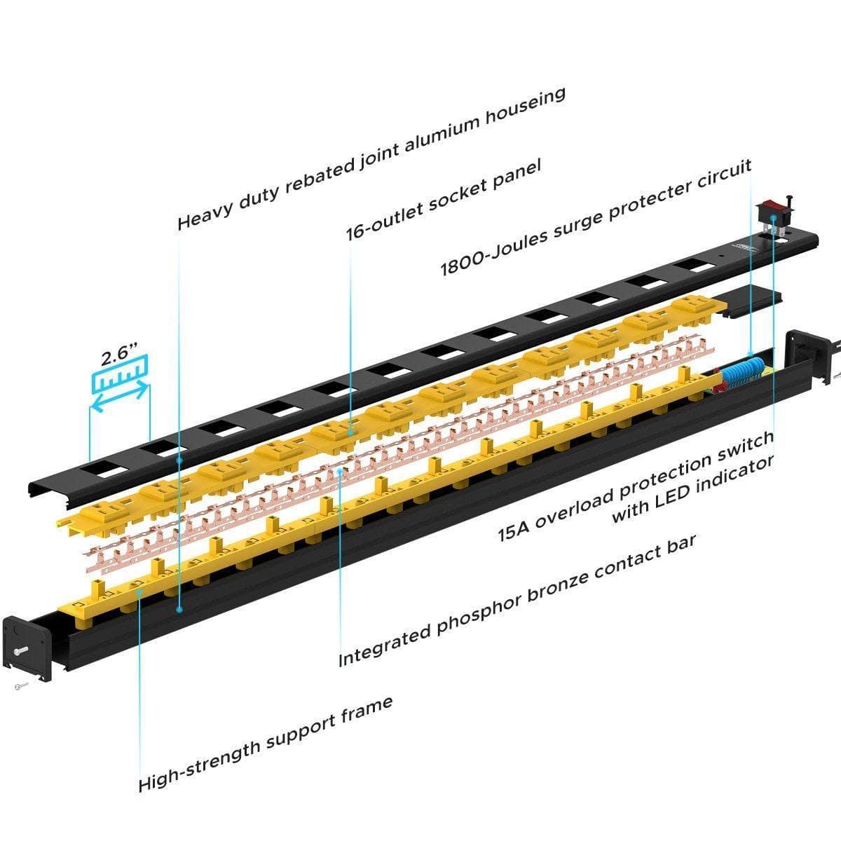 CRST Wideoutlets 2.6" Wide Spaced 12 Outlets Mountable Metal Power Strip Surge Protector with 1800 Joule Protection & EMI Filter Heavy Duty Construction 15A Circuit Breaker Included - Mann