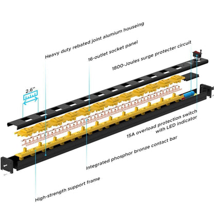 CRST Wideoutlets 2.6" Wide Spaced 12 Outlets Mountable Metal Power Strip Surge Protector with 1800 Joule Protection & EMI Filter Heavy Duty Construction 15A Circuit Breaker Included - Mann