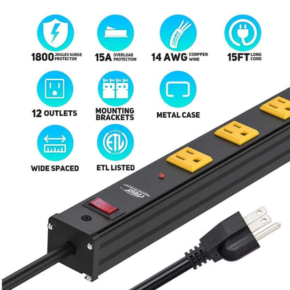 CRST Wideoutlets 2.6" Wide Spaced 12 Outlets Mountable Metal Power Strip Surge Protector with 1800 Joule Protection & EMI Filter Heavy Duty Construction 15A Circuit Breaker Included - Mann