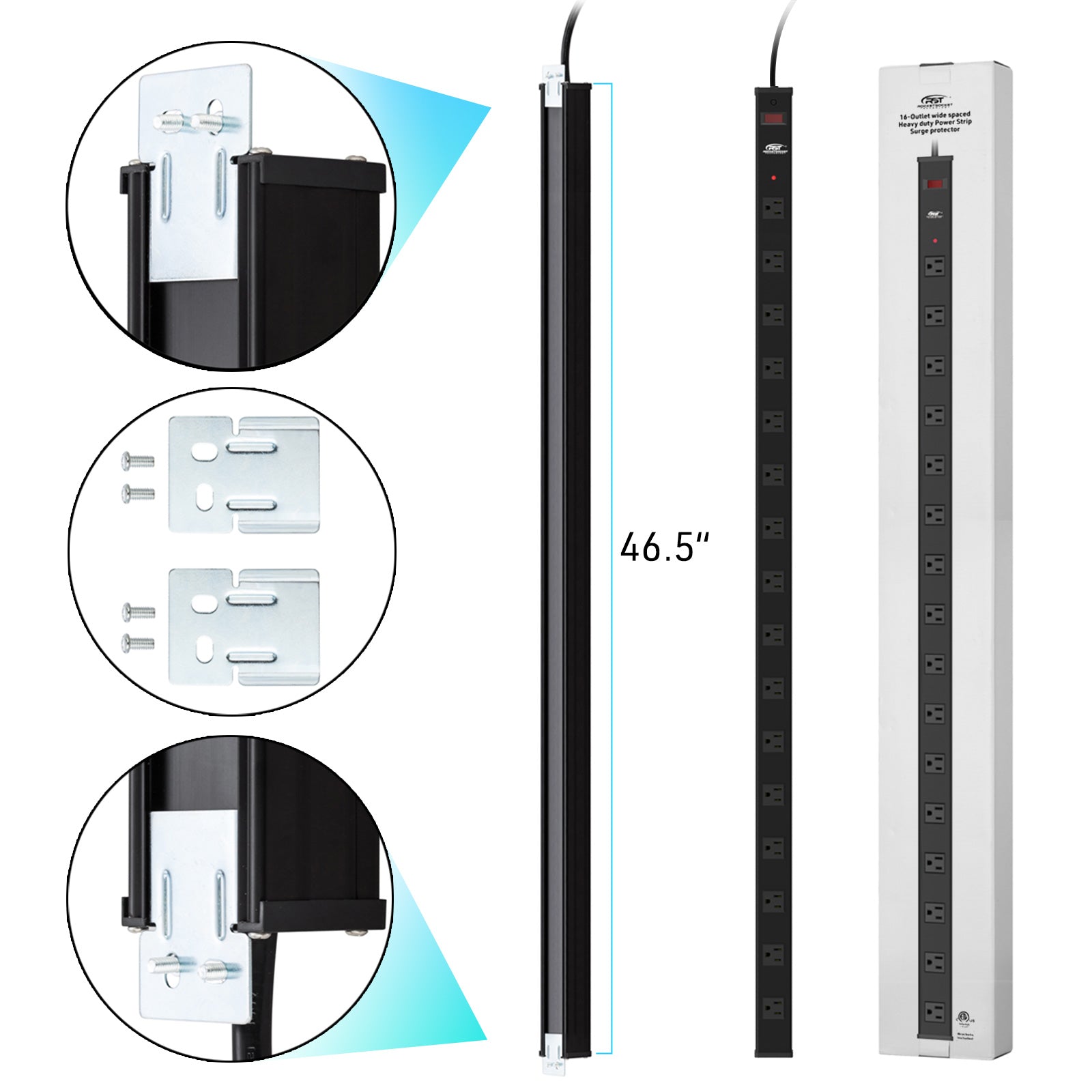 CRST 2.6" Wide Space 16 Outlets Mountable Metal Long Power Strip Surge Protector, Optional 15FT/6FT Power Cord, Mounting Brackets Included - Mann