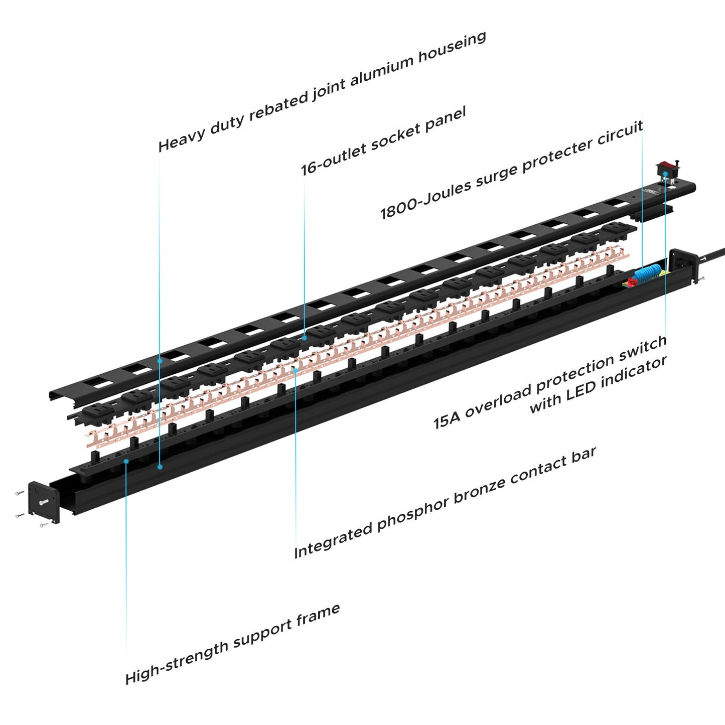 CRST 2.6" Wide Space 16 Outlets Mountable Metal Long Power Strip Surge Protector, Optional 15FT/6FT Power Cord, Mounting Brackets Included - Mann