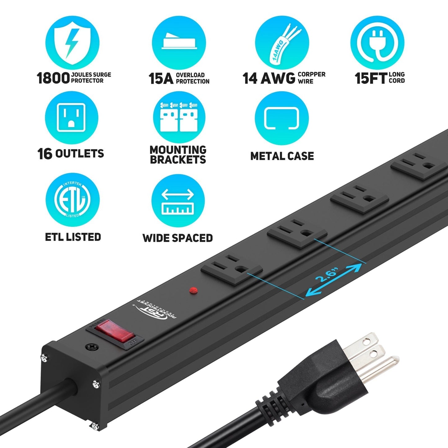 CRST 2.6" Wide Space 16 Outlets Mountable Metal Long Power Strip Surge Protector, Optional 15FT/6FT Power Cord, Mounting Brackets Included - Mann