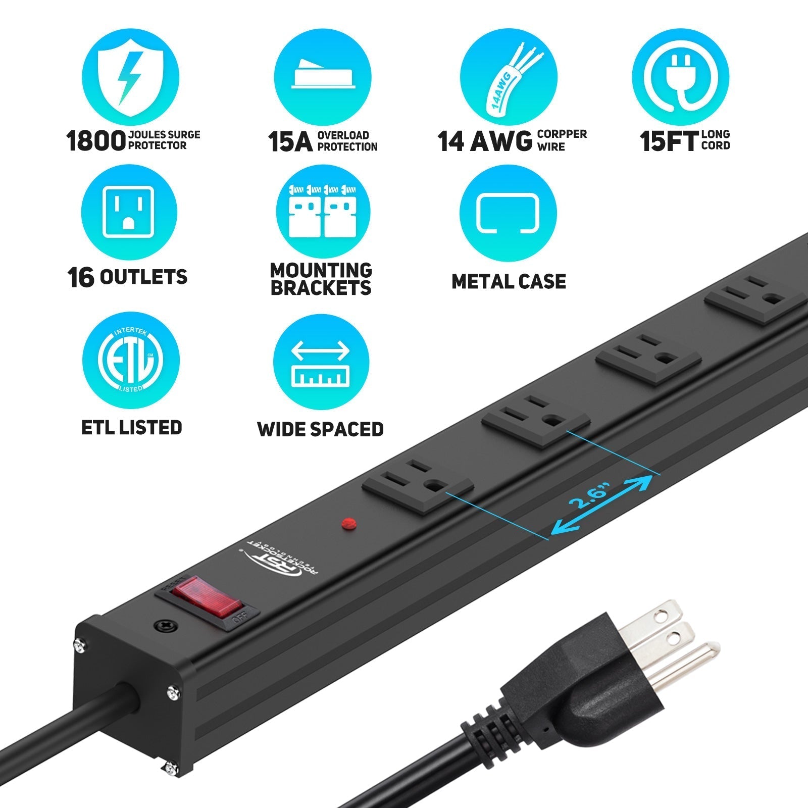 CRST 2.6" Wide Space 16 Outlets Mountable Metal Long Power Strip Surge Protector, Optional 15FT/6FT Power Cord, Mounting Brackets Included - Mann
