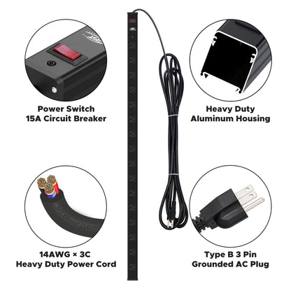 CRST 2.6" Wide Space 16 Outlets Mountable Metal Long Power Strip Surge Protector, Optional 15FT/6FT Power Cord, Mounting Brackets Included - Mann