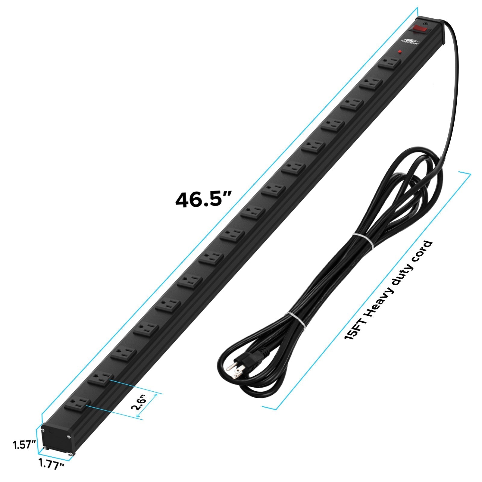 CRST 2.6" Wide Space 16 Outlets Mountable Metal Long Power Strip Surge Protector, Optional 15FT/6FT Power Cord, Mounting Brackets Included - Mann