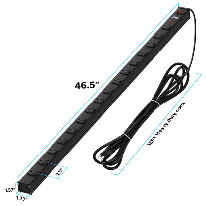 CRST 2.6" Wide Space 16 Outlets Mountable Metal Long Power Strip Surge Protector, Optional 15FT/6FT Power Cord, Mounting Brackets Included - Mann