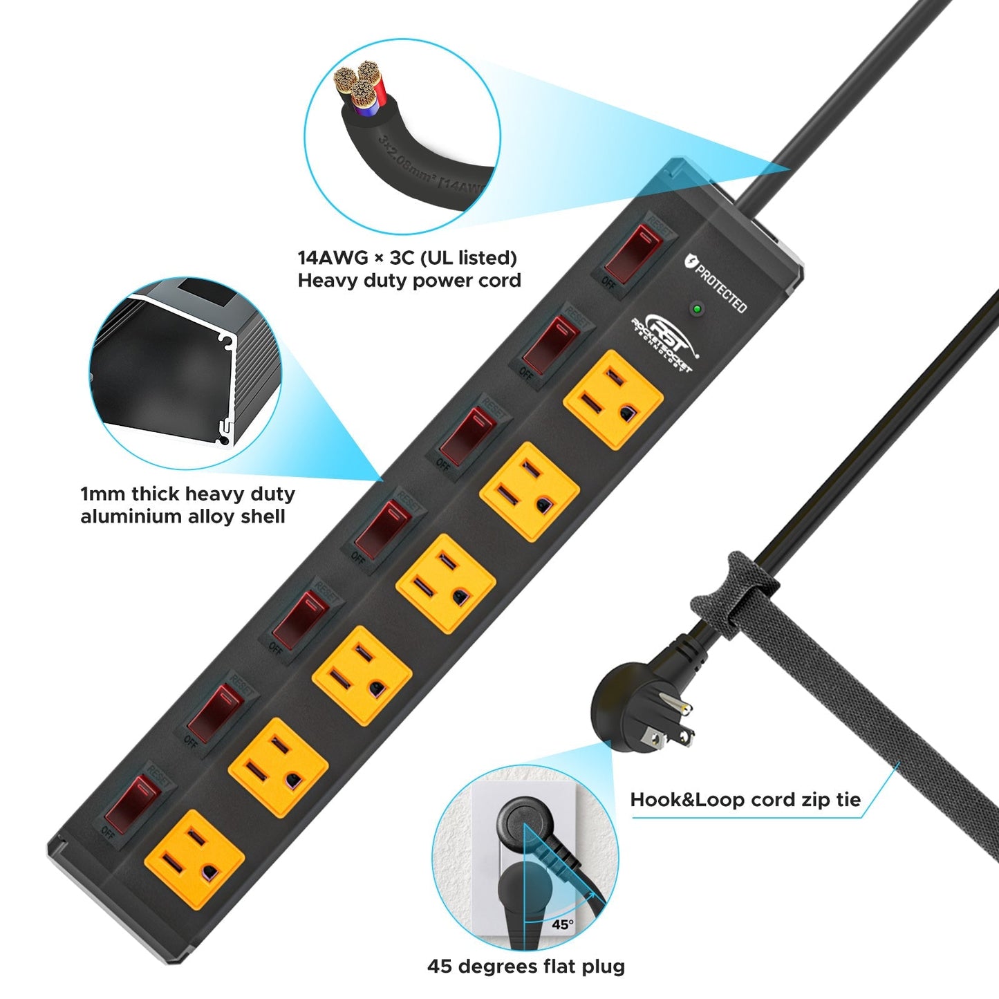 CRST 6 Outlets Individual Switches Mountable Metal Power Strip Surge Protector, 6FT Flat Plug Power Cord - Mann