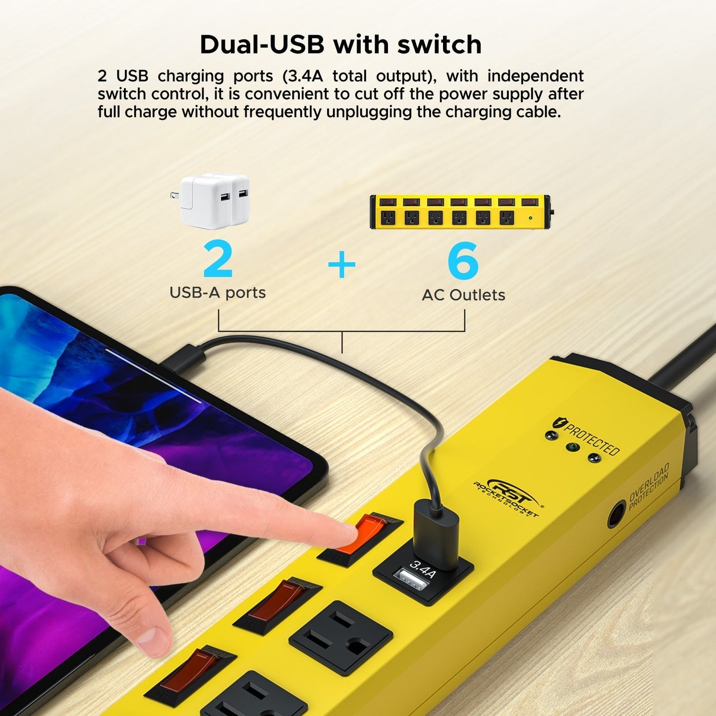 CRST 6 Outlets Individual Switches Mountable Metal Power Strip Surge Protector with Dural USB Ports 6FT Flat Plug Power Cord - Mann