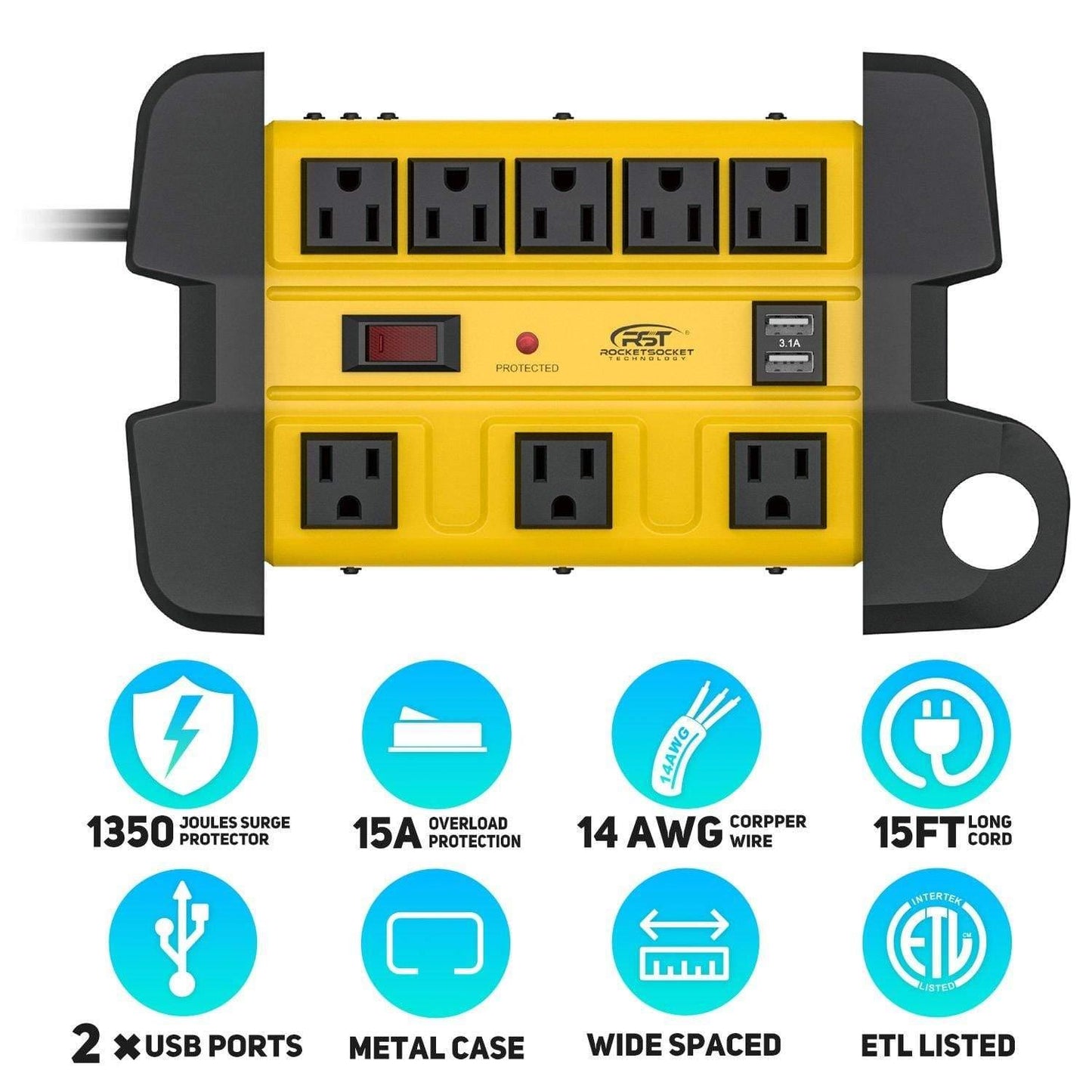 CRST 8 Outlets Dural USB Mountable Metal Power Strip Surge Protector with Cord Wrapping Design, Optional 15FT or 6FT Power Cord - Mann