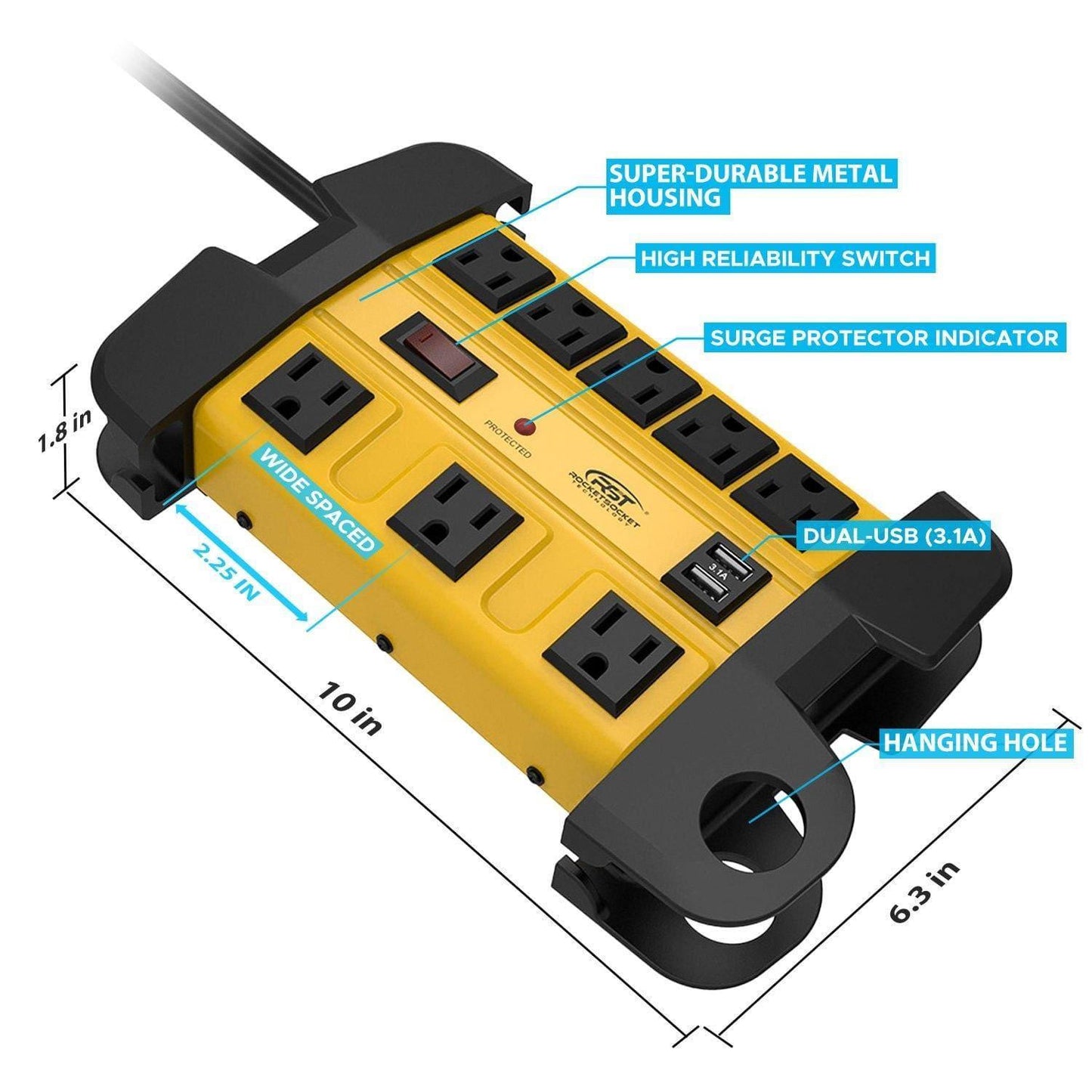 CRST 8 Outlets Dural USB Mountable Metal Power Strip Surge Protector with Cord Wrapping Design, Optional 15FT or 6FT Power Cord - Mann
