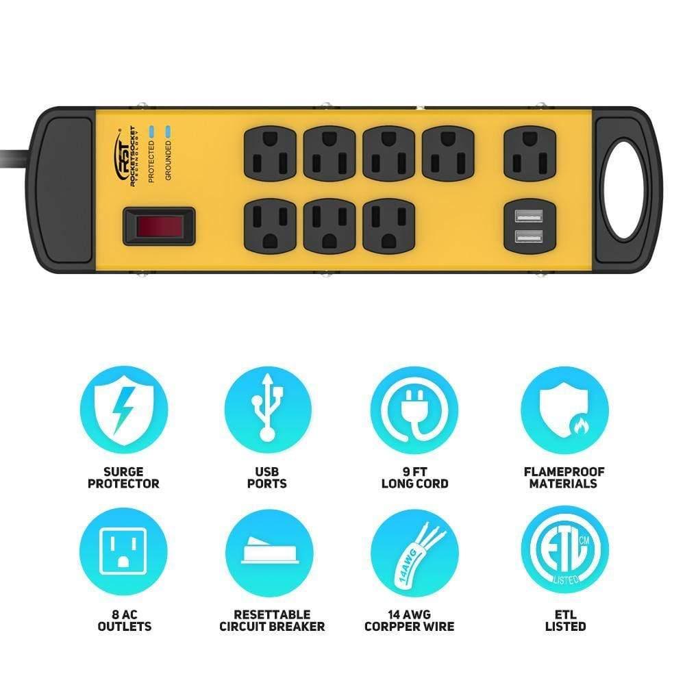 CRST 8 Outlets Dural USB Mountable Metal Power Strip Surge Protector W/ Cord Wrapping Design, 9FT Power Cord - Mann