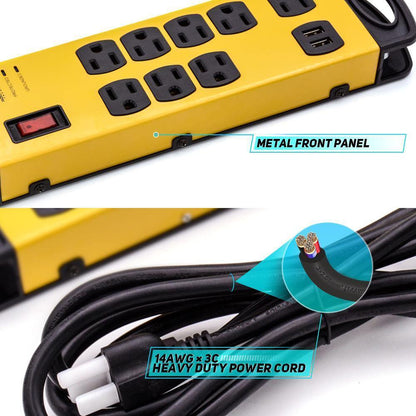 CRST 8 Outlets Dural USB Mountable Metal Power Strip Surge Protector W/ Cord Wrapping Design, 9FT Power Cord - Mann