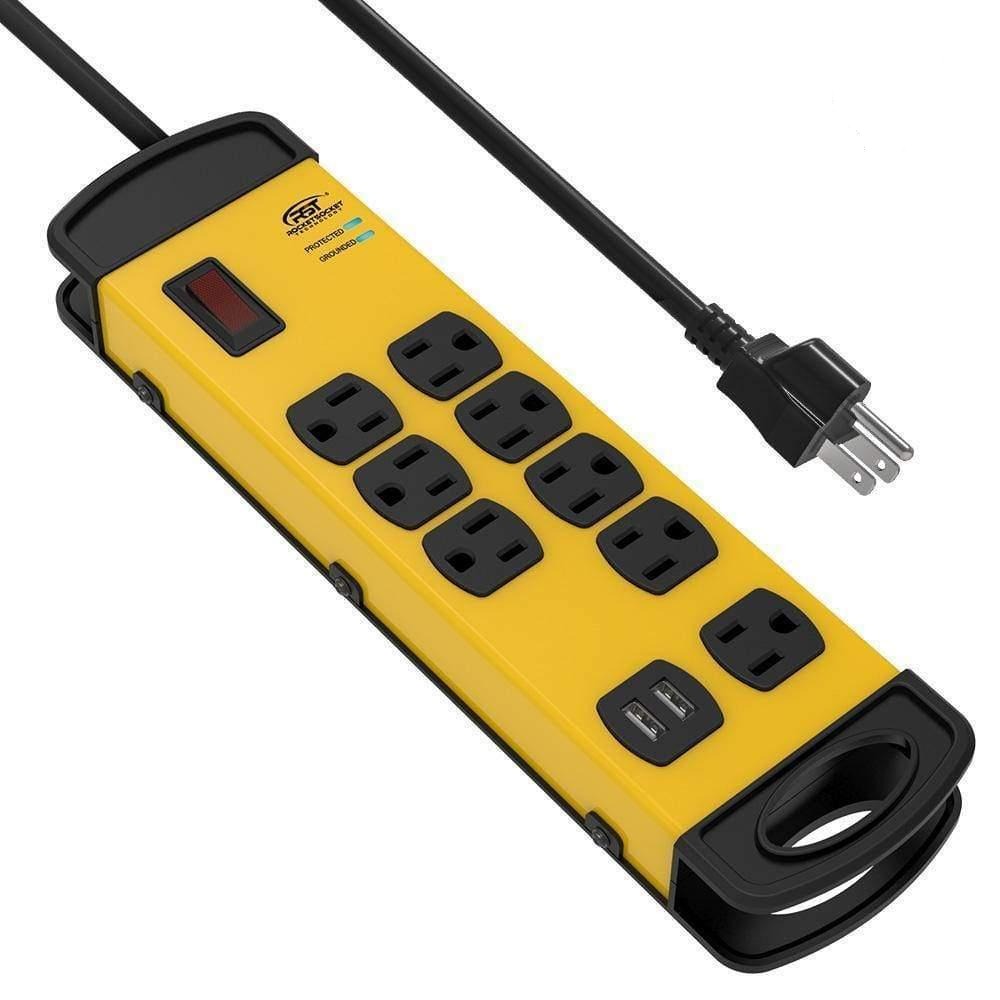 CRST 8 Outlets Dural USB Mountable Metal Power Strip Surge Protector W/ Cord Wrapping Design, 9FT Power Cord - Mann