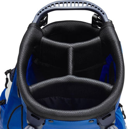 Top view of blue men's golf bag with multiple padded club dividers and sturdy handle