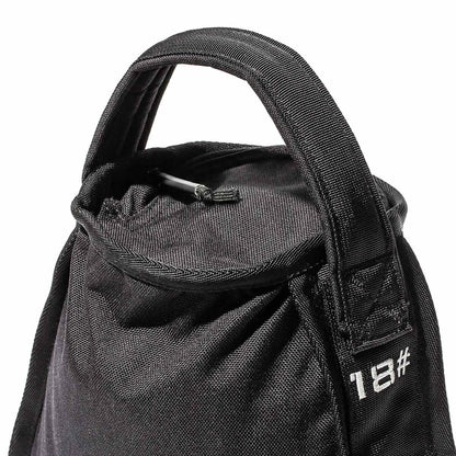Black 18-pound sandbag with sturdy handle, ideal for men's fitness training and workouts