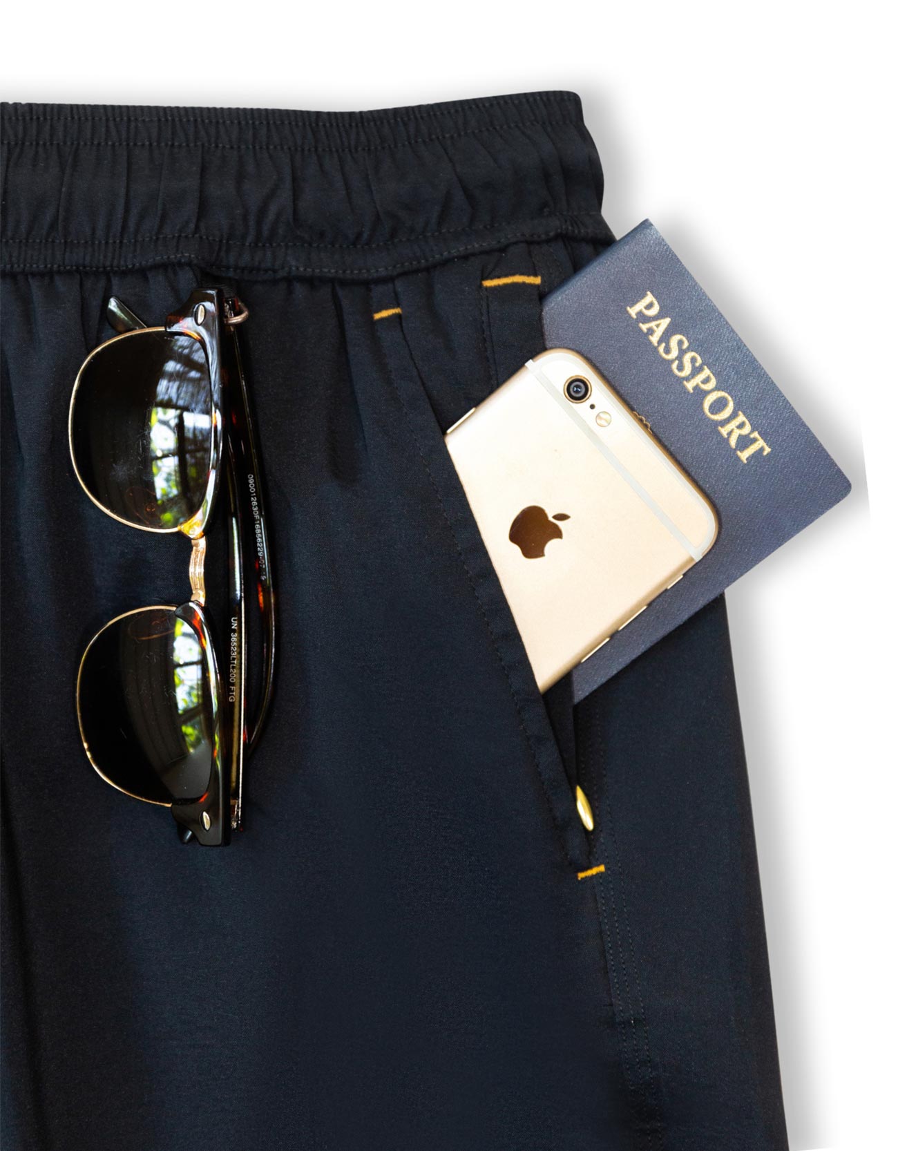 Men's black swimsuit. 6 inch stretch volley trunks. Gold finishes. Functional zipper pockets with internal stash pocket.