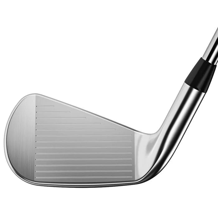 Close-up of a stainless steel golf club iron head on a white background, men's sports gear