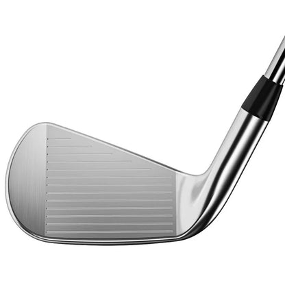 Close-up of a stainless steel golf club iron head on a white background, men's sports gear