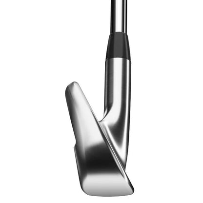 Close-up of a sleek stainless steel golf club iron on a white background, men's lifestyle gear