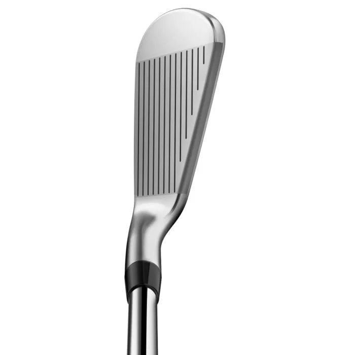 Men's golf iron club close-up, silver head with grooves, modern sports gear