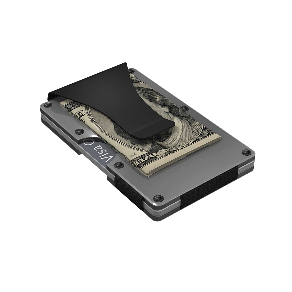 Bottom view of the titanium, RFID blocking wallet with the money clip visible.