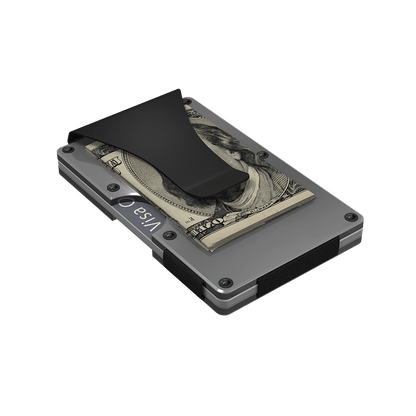 Bottom view of the titanium, RFID blocking wallet with the money clip visible.