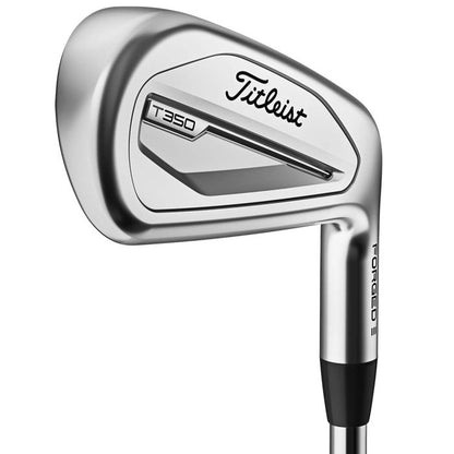 Titleist T350 forged iron golf club, silver finish, close-up, men's lifestyle gear