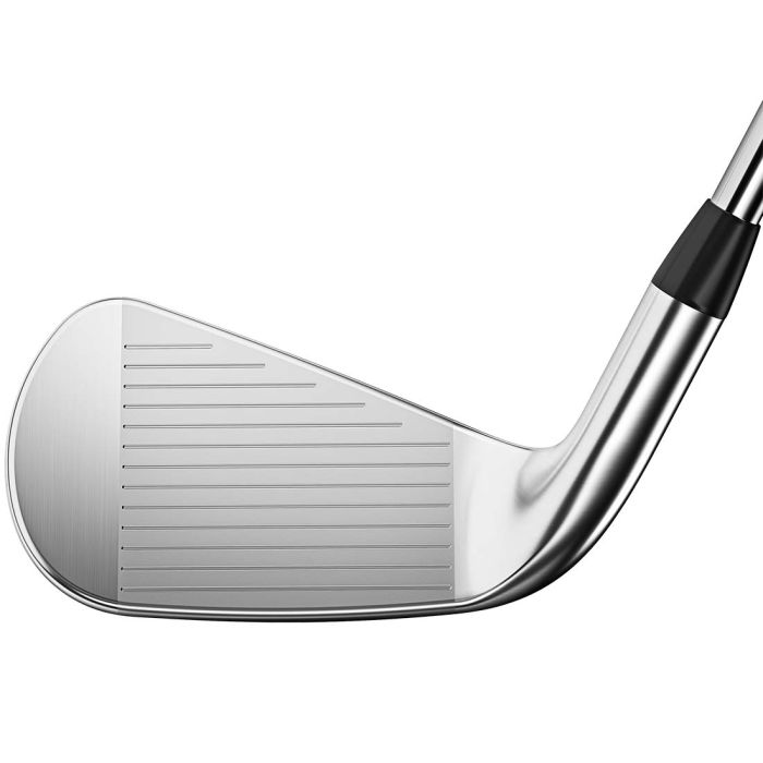 Close-up of Titleist 2023 T350 golf iron face, silver finish, men's lifestyle gear.