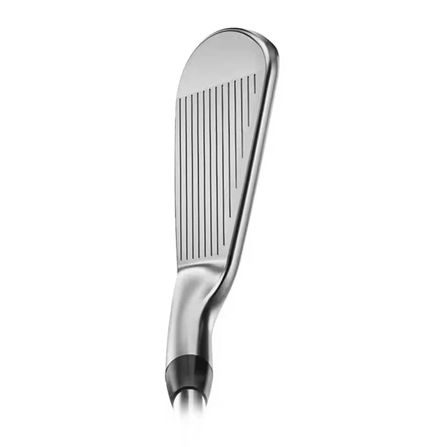 Close-up of a Titleist T150 golf iron clubhead with grooved face, metallic finish