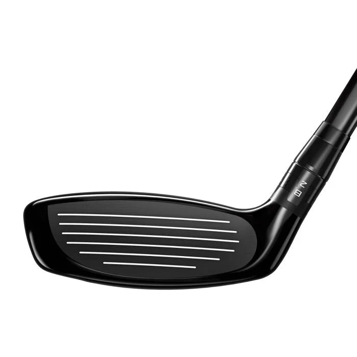 Close-up of Titleist GT2 hybrid golf club face, black finish, white grooves, men's gear